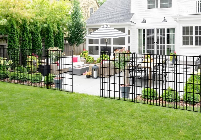 Heavy duty black metal fence with gates 