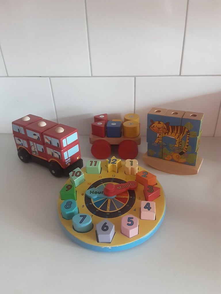 image for   Wooden Melissa and  Doug clock puzzle, bus puzzle &four sided puzzle. 