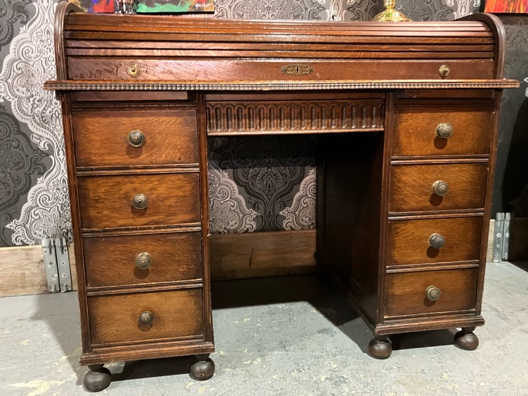 Stunning Vintage Dawson & Swapp Oak Roll Top Tambour Bureau Desk - Delivery