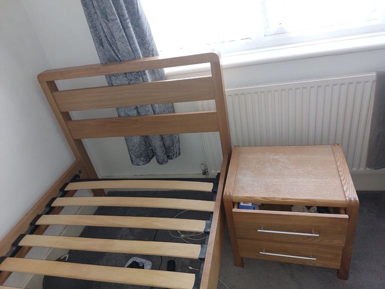 Real pine wood single bed with bedside and mattress 