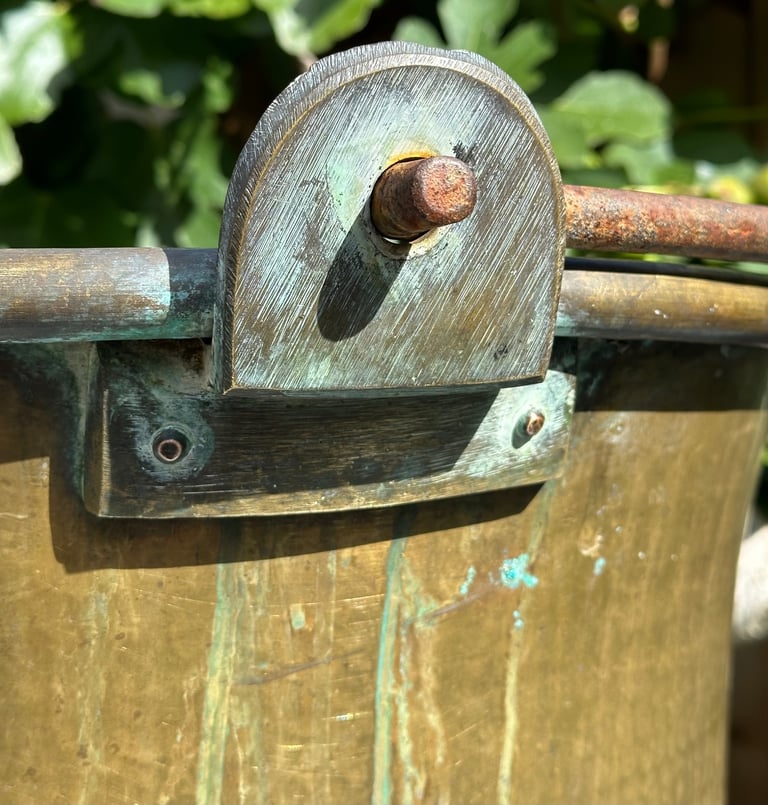 LARGE ANTIQUE FRENCH COPPER CAULDRON & STAND, LOG BUCKET, PLANTER, L58cm - 1900s - WILL POST!