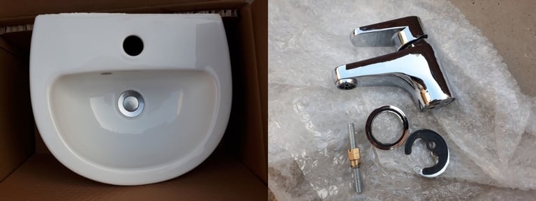 image for Wickes Newport cloakroom basin + Bristan Quest basin mixer tap + clicker waste - lightly used