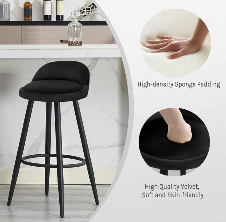 Bar Stools, Set of 2, Velvet, Black (Brand New)