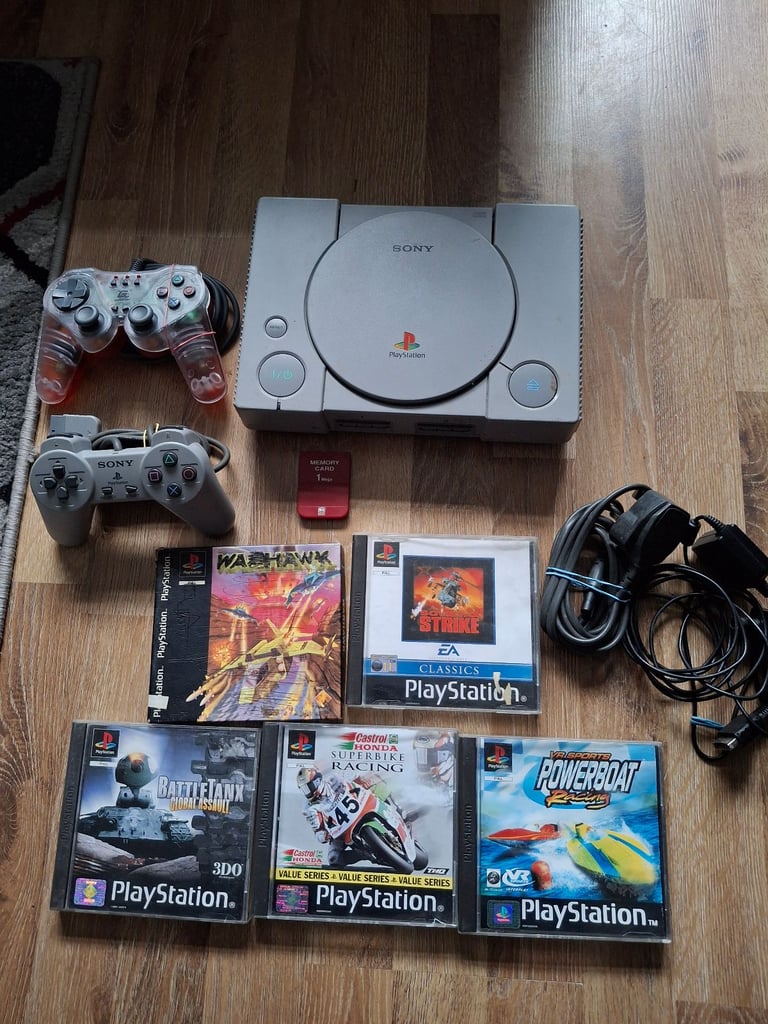 image for playstation 1 with 2 controllers rf cable 1 memory card and 5 games