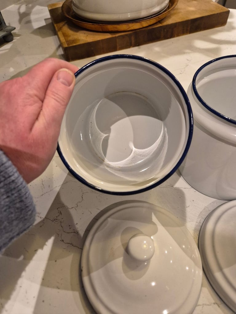 Vintage enamel jug and 2 enamel pots