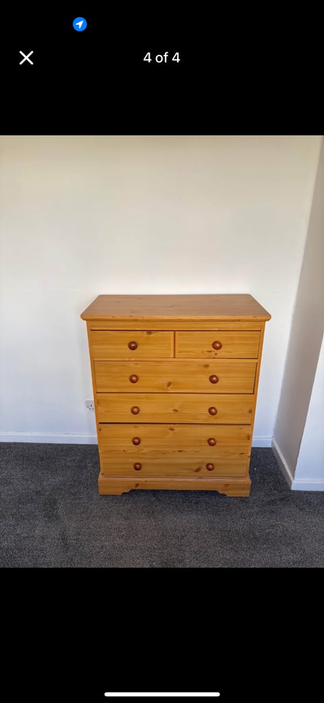 pine veneer triple wardrobe and set of drawers 