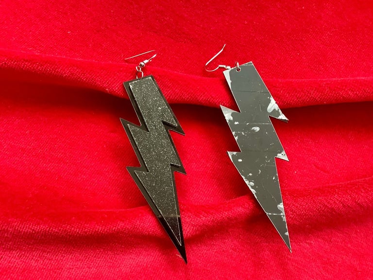 Black Glitter Lightning Bolt Statement Earrings