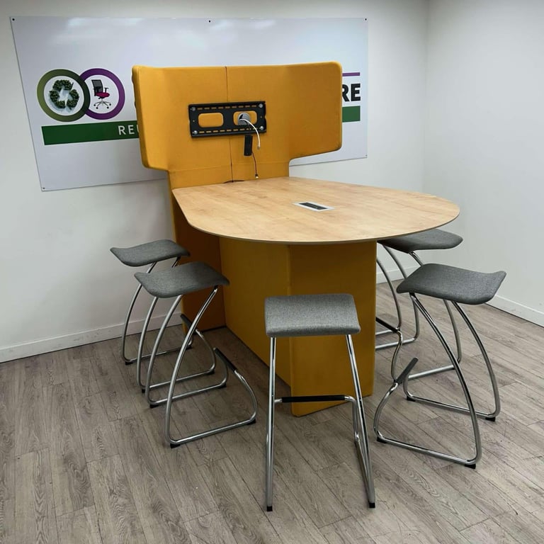 image for Media Station, Yellow/Oak, Power, with 6 x Orangebox Spring Stools, Grey/Chrome