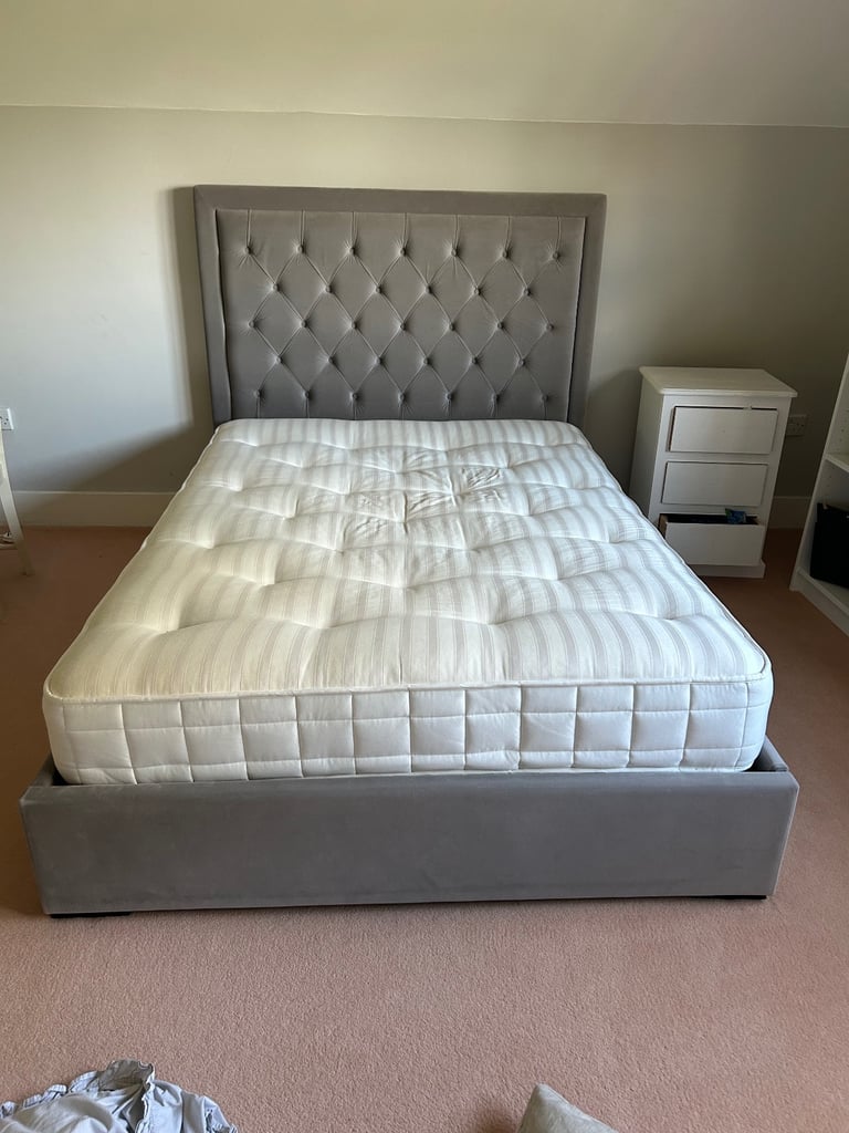 Double bed in grey faux velvet