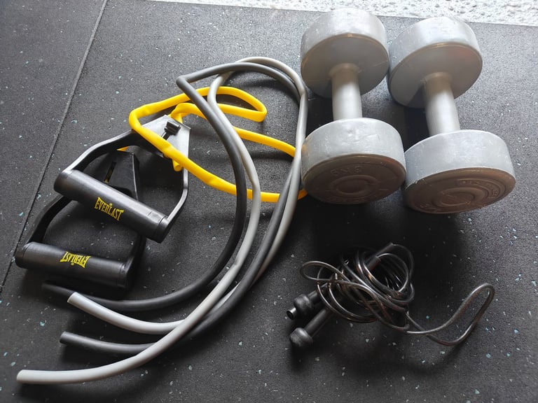 image for Gym exercise bundle Resistance bands Dumbbells Skipping Rope