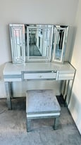 3 Piece White Glass Mirror Dressing Table, Mirror and Stool Set 