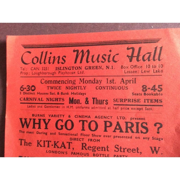 Collins Music Hall Handbill Vintage 1940