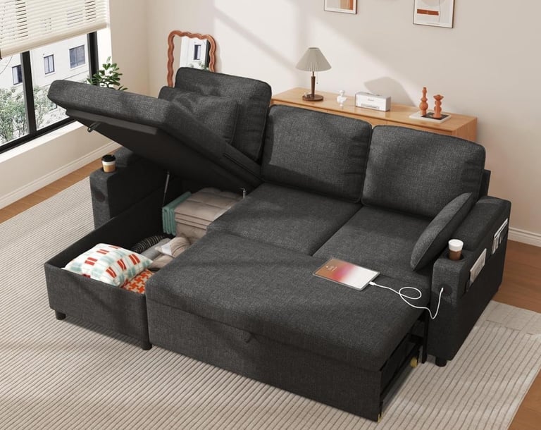 Luxury. All-in-One Sofa Bed with USB, Cupholders, Ottoman & Storage Armrests.