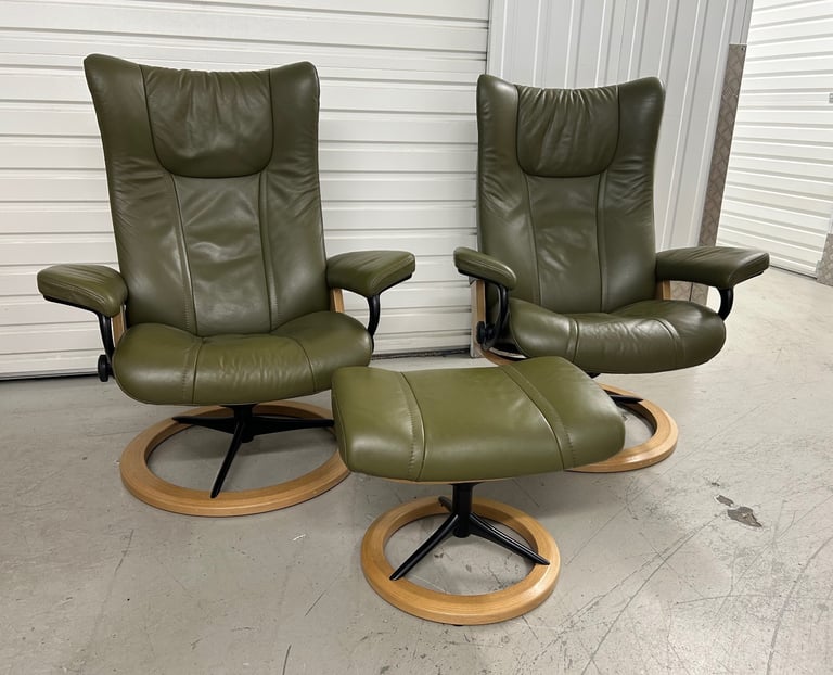 Ekornes Stressless Medium Signature Wing Dark Olive Leather Chairs & Footstool