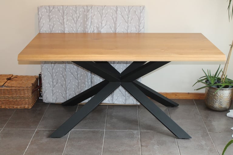 Solid Wood Dining Table With Black Metal Legs.