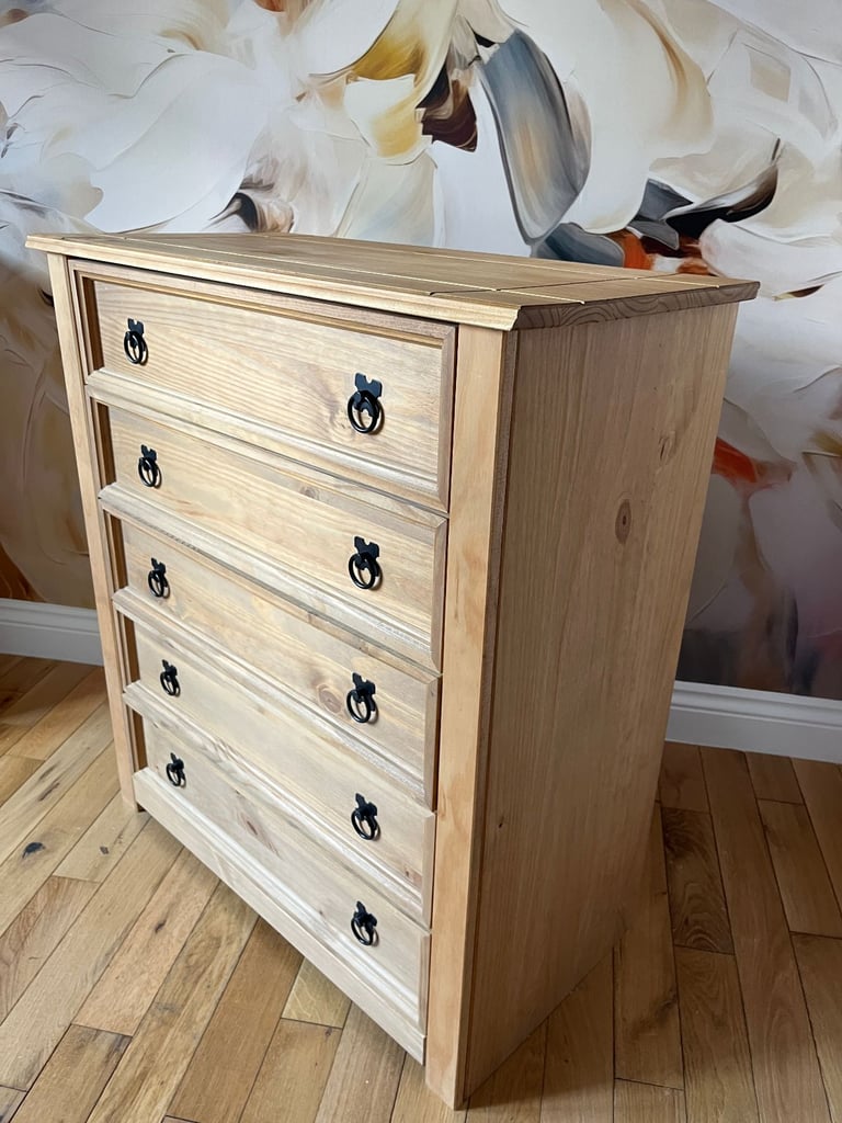 Two Corona 5 Drawer Chest Rustic Distressed Waxed Pine Storage Bedroom Furniture