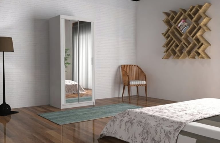 image for Brand New - Chicago Mirror Sliding Door Wardrobe - White - SAME/NEXT DAY DELIVERY