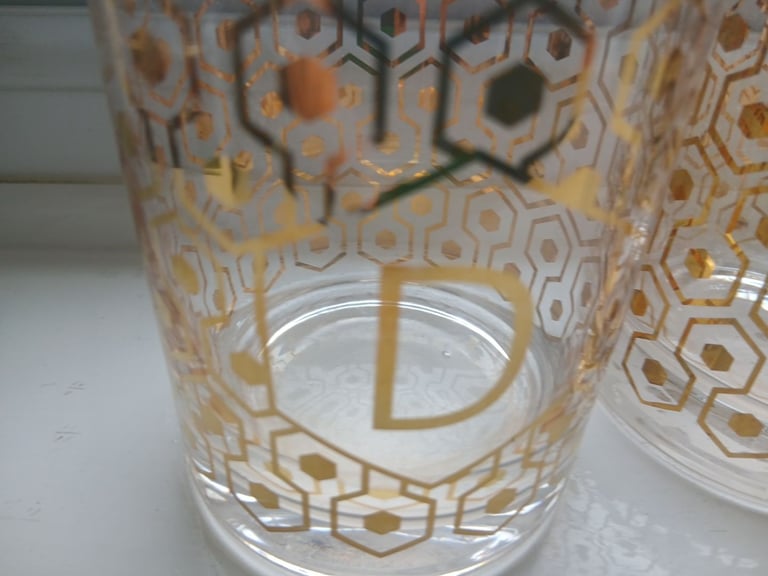 3 lettered glass tumblers with gold style patternation