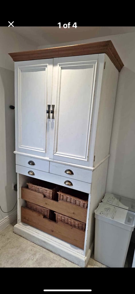Hand built pine larder cupboard with marble shelf and basket drawers