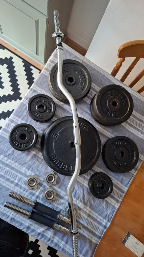 Weights, dumbells and an EZ bar 
