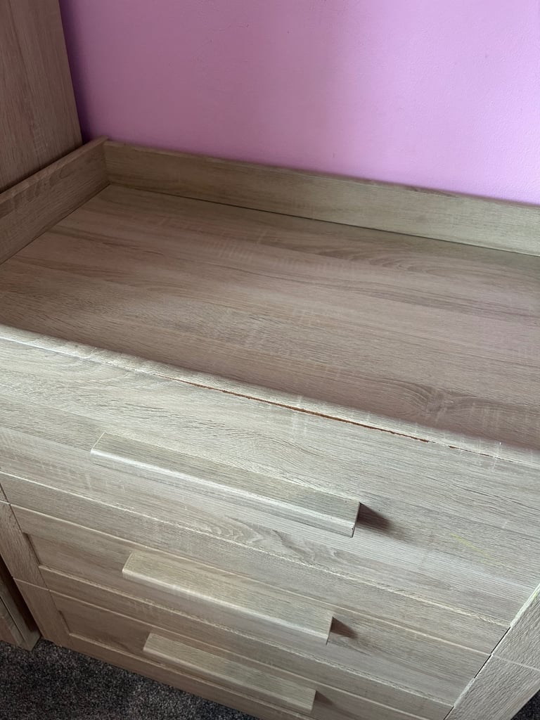 Nursery furniture cot bed wardrobe drawers with changing table and book shelf 