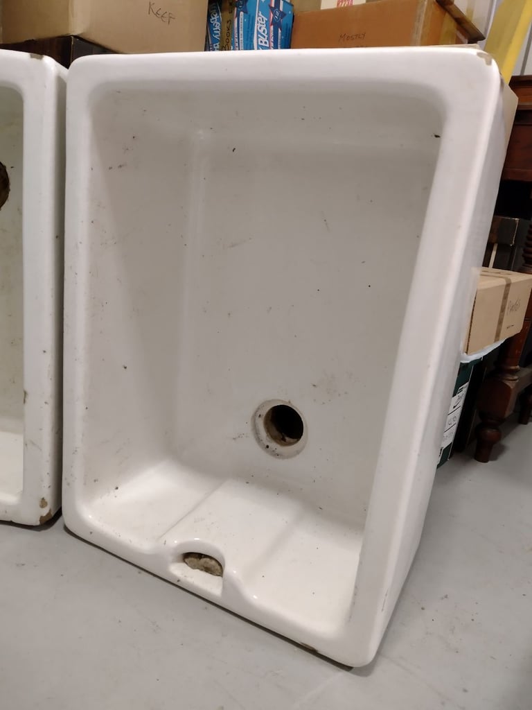 Belfast sinks, two, suitable for garden use, white ceramic