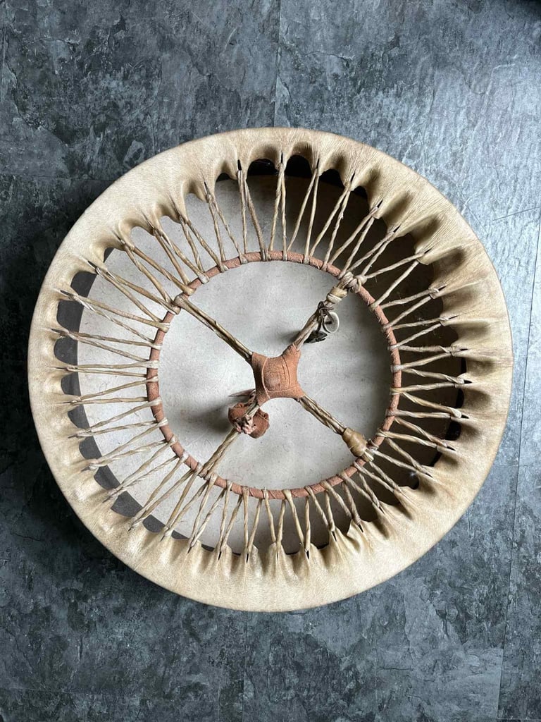Drum/ceremonial 18inch deer skin drum c/w beater & handmade bag. 