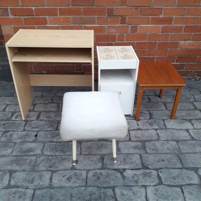 4 ITEMS OF FURNITURE DESK/STOOL/SIDE TABLE/TILE TOPPED CABINET. COULD DELIVER.