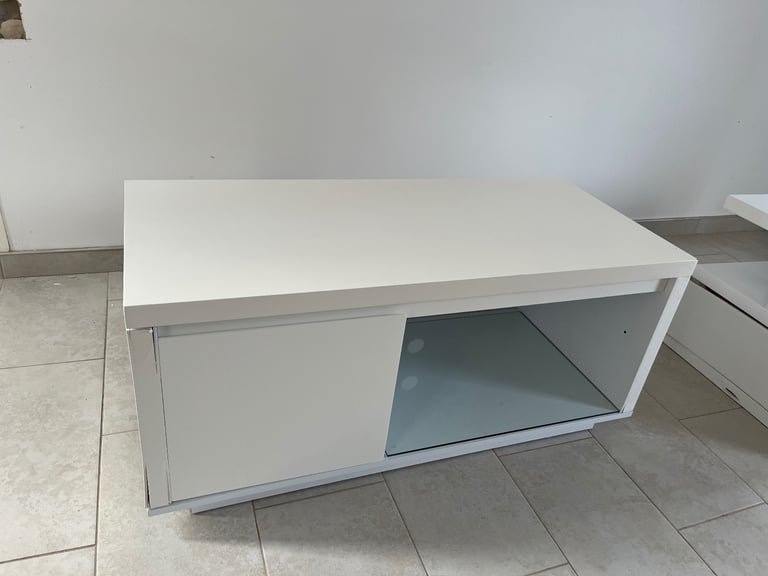 White TV Stand with Cupboard and Glass Shelf