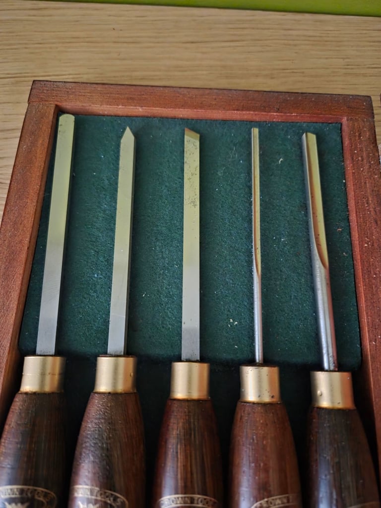 Set of five Crown micro mini woodturning chisels in wooden display box Axminster lathe wood turning