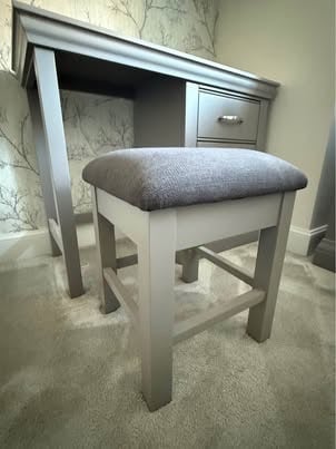 Lusso painted oak urban grey bedroom furniture, dressing table/desk, stool & chest of drawers.