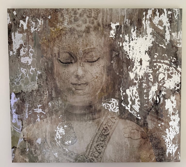 image for 2 x Canvas wall art abstract Buddha & Elephant with silver leaf foil effect.