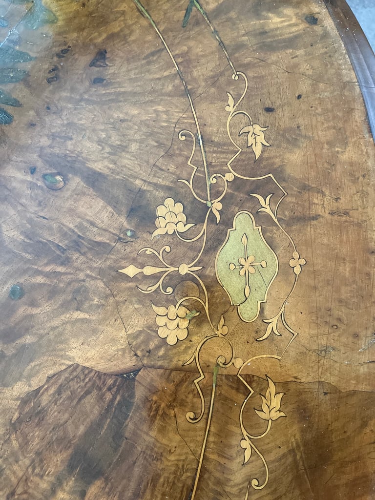 Antique Inlaid Burr Walnut coffee table with removable glass cover