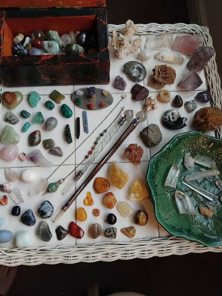 A Large Amount of Crystals, Some Natural, and Tumblestones, 2 Crystal Wands, and 2 Crystal Pendulums