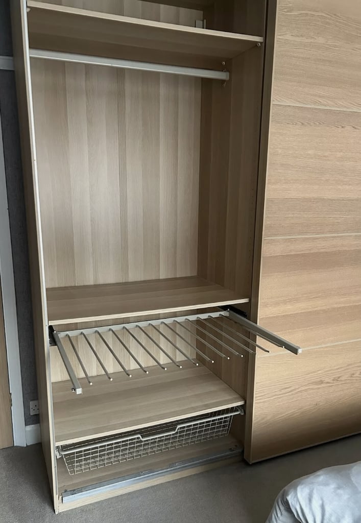 LARGE IKEA PAX White Oak Wardrobe, 2 Hang Rail, 5 Shelf & 3 wire drawers, 200x236 FREE DELIVERY 138