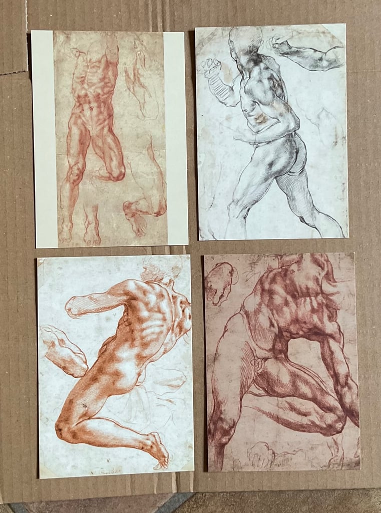 image for 4 postcards from the British Museum of Michelangelo body form sketches, £5