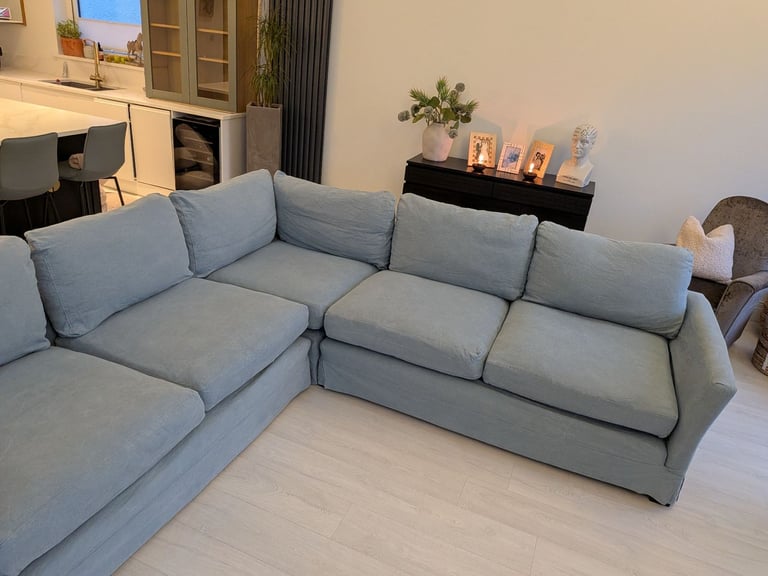 ONO..Stunning superior corner sofa, light blue quality feather filled and foam sofa