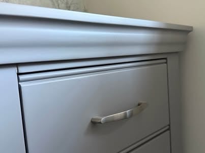 Lusso painted oak urban grey bedroom furniture, dressing table/desk, stool & chest of drawers.