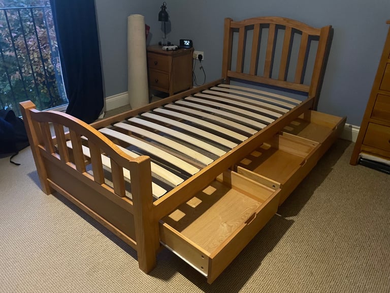 Solid Oak Single Bed Frame with 3 drawers