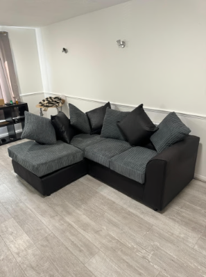 image for Brand New Dylan Jumbo Cord Fabric L-Shape Corner in Black/Grey Colour SAME/NEXT DAY DELIVERY