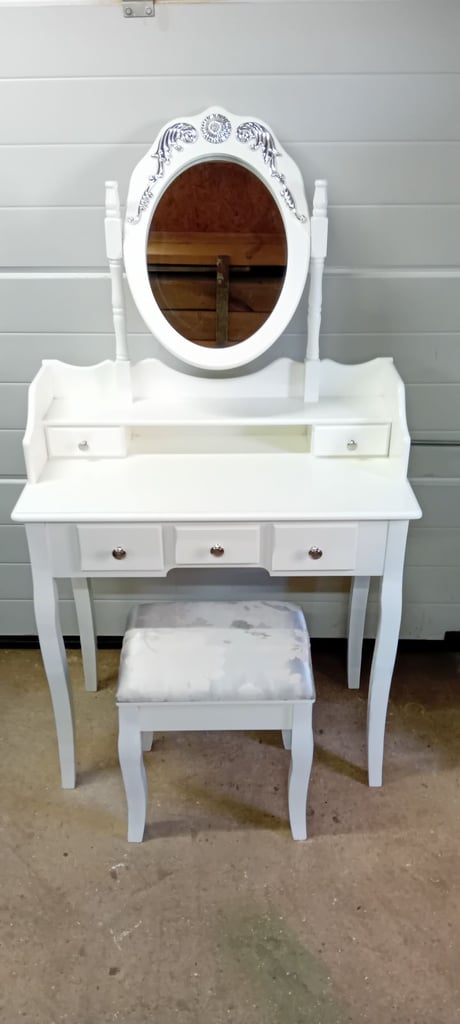 image for White Dressing Table with Mirror and Stool