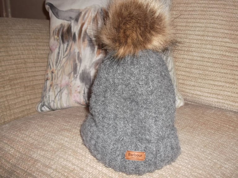 image for Ladies Barbour Very Soft Grey Bobble Hat with Two Tone Brown Faux Fur Pom Pom