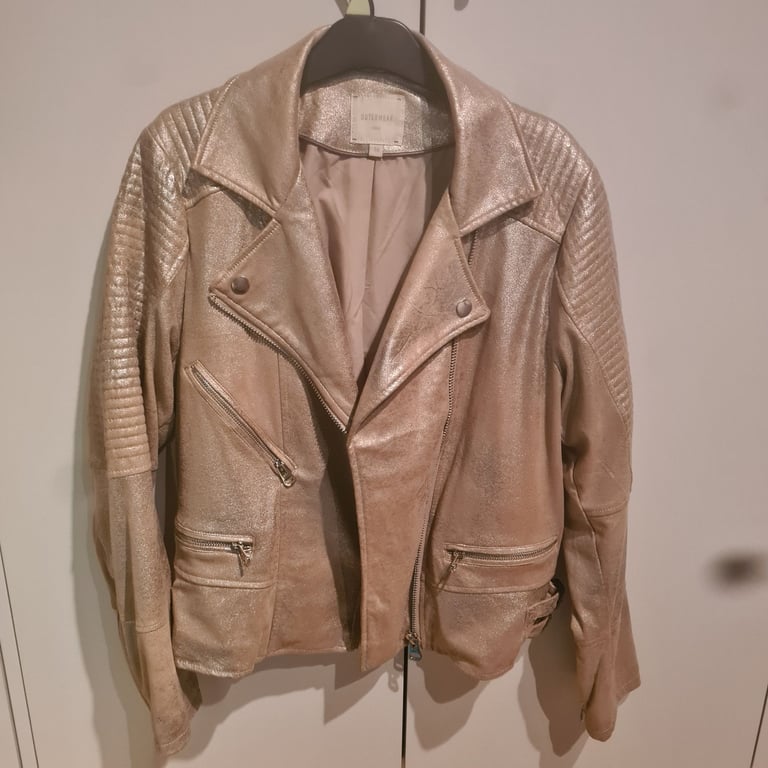 image for Metallic Faux Leather Biker Jacket – Gold / Champagne – Size 18
