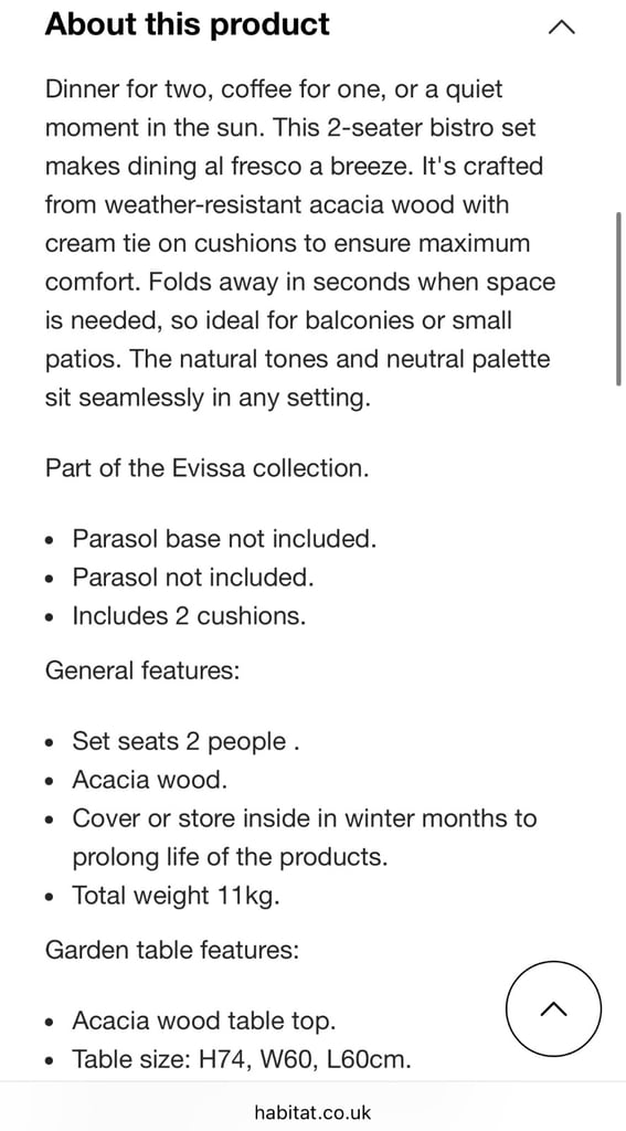 Habitat Evissa 2 Seater Folding Wooden Garden Bistro Set 