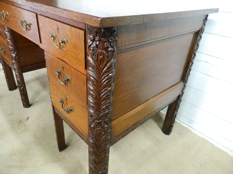 Solid Oak Heavily Carved Pedestal desk