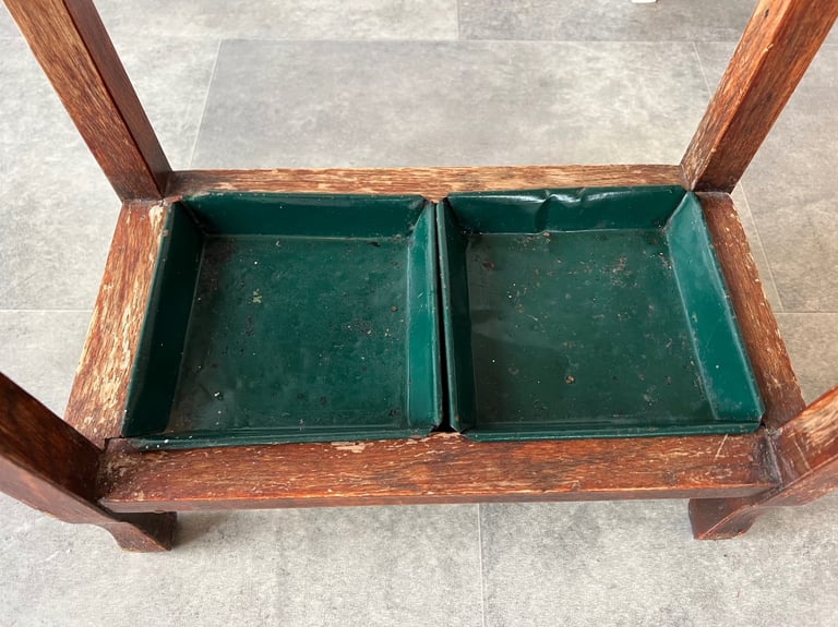 Vintage Wood Umbrella Stand with 2 Green Metal Drip Trays