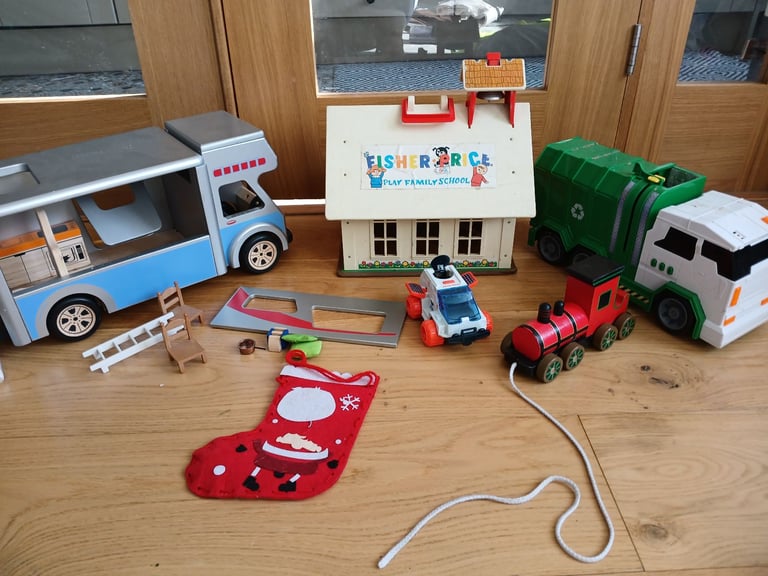 image for Dollshouse Vintage playmobil 1970’s Fisher Price Play Family Toy School Wooden Caravan Garbage Truck