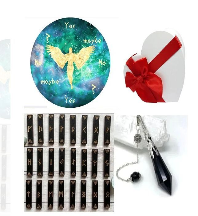 set of 4 boards divination dowsing - pendant obsidian, amethyst ,rose quartz + gift a set of runes