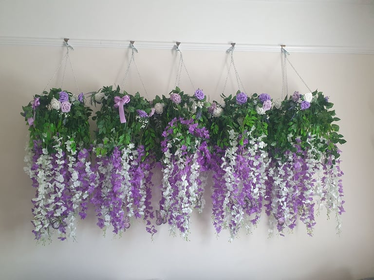 image for Wedding hanging garland hoops hand decorated in white/lilac/purple x 5
