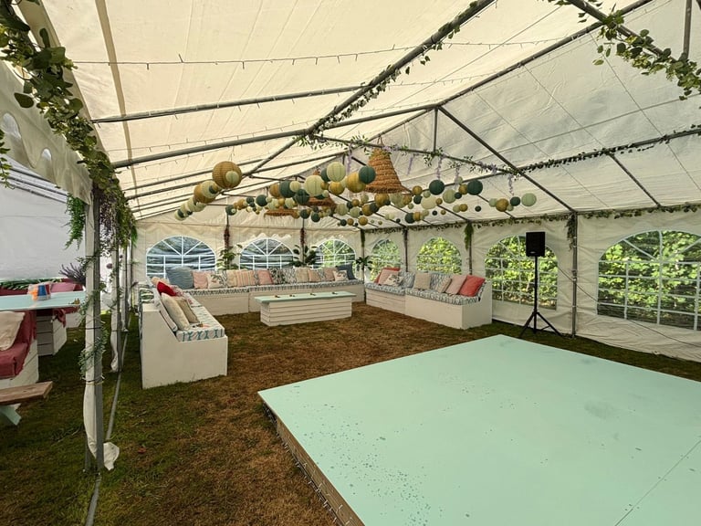 Wedding / Party Setup Including Marquees, Seating, Tables and Decorations.